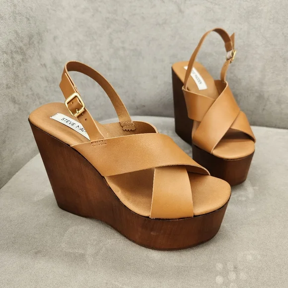 Steve Madden Platform Sandals 10 Brown Cognac Leather Galaxy Wedges New $100